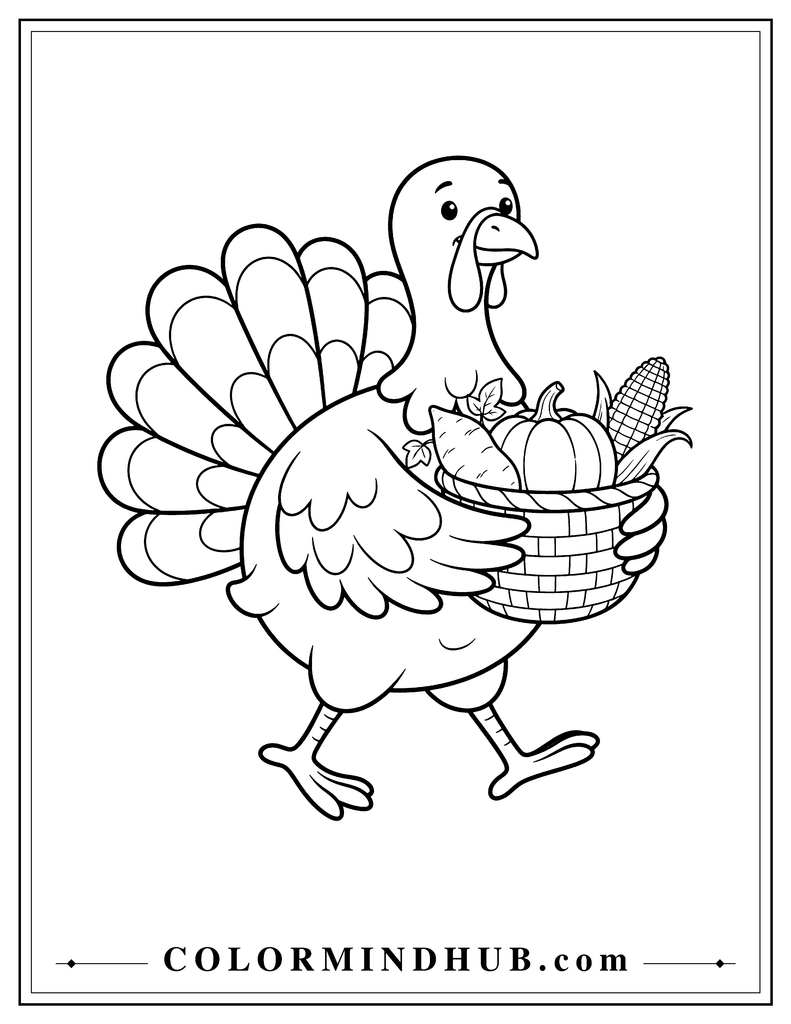 Thanksgiving turkey carrying a small harvest basket filled with a few vegetables - turkey coloring page for kids and adults