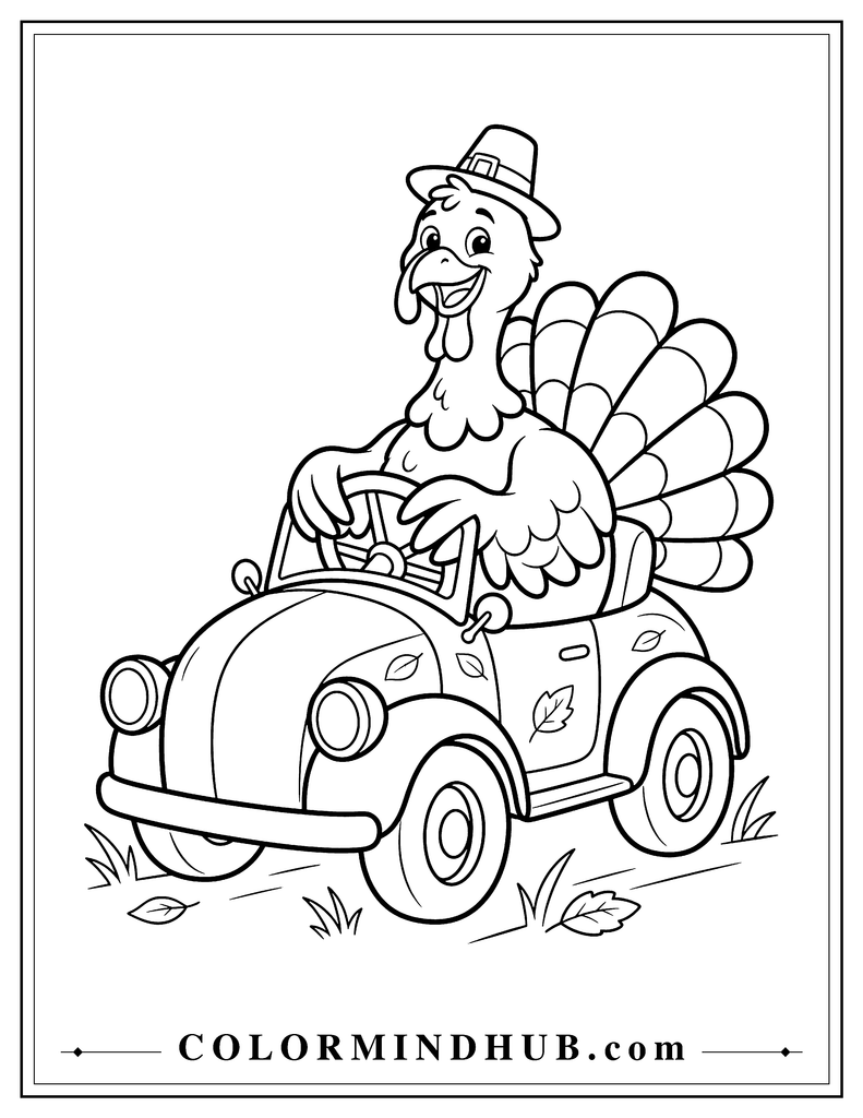 Happy turkey driving a small vintage-style car with its wings on the steering wheel - turkey coloring page for kids and adults