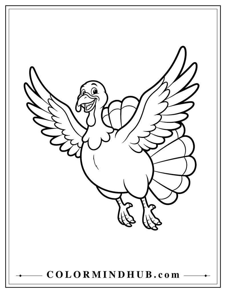 Thanksgiving turkey flying with its wings spread wide and feet lifted from the ground - turkey coloring page