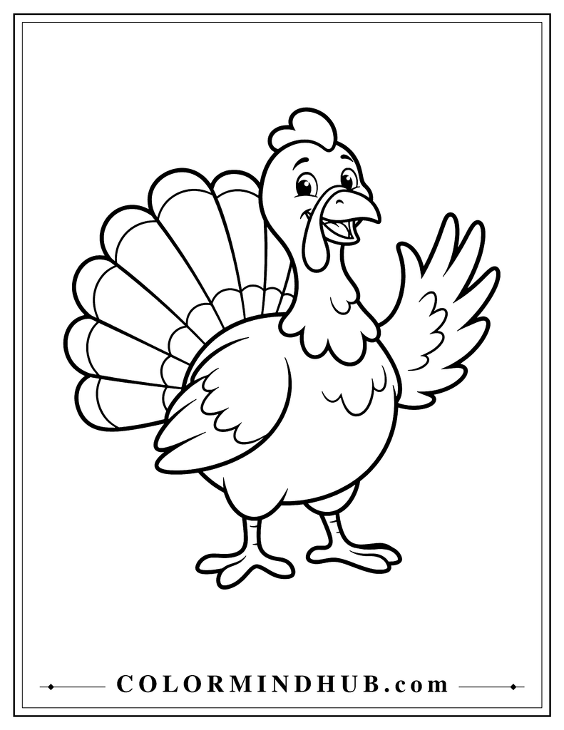 Friendly turkey waving with one wing and smiling warmly in a welcoming pose - Thanksgiving turkey coloring page
