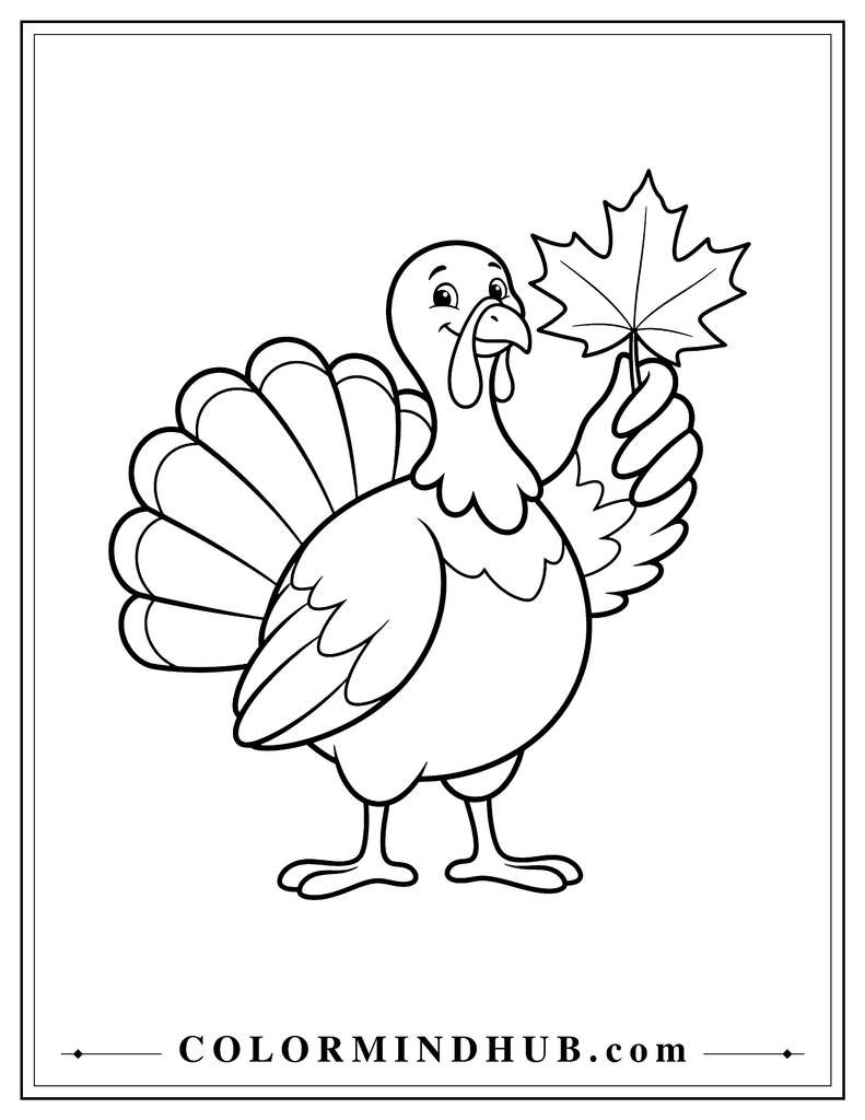 Turkey holding a large autumn leaf in its wing with a gentle smile - Thanksgiving turkey coloring page