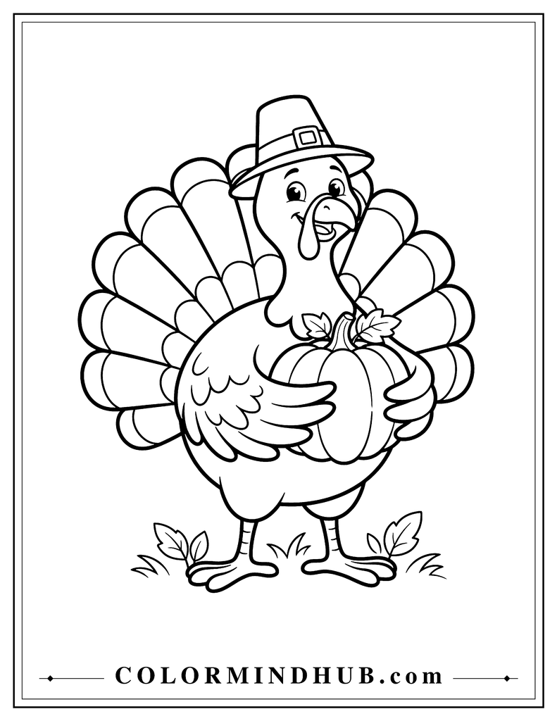 Cheerful Thanksgiving turkey holding a medium-sized pumpkin with its wings - Thanksgiving turkey coloring page