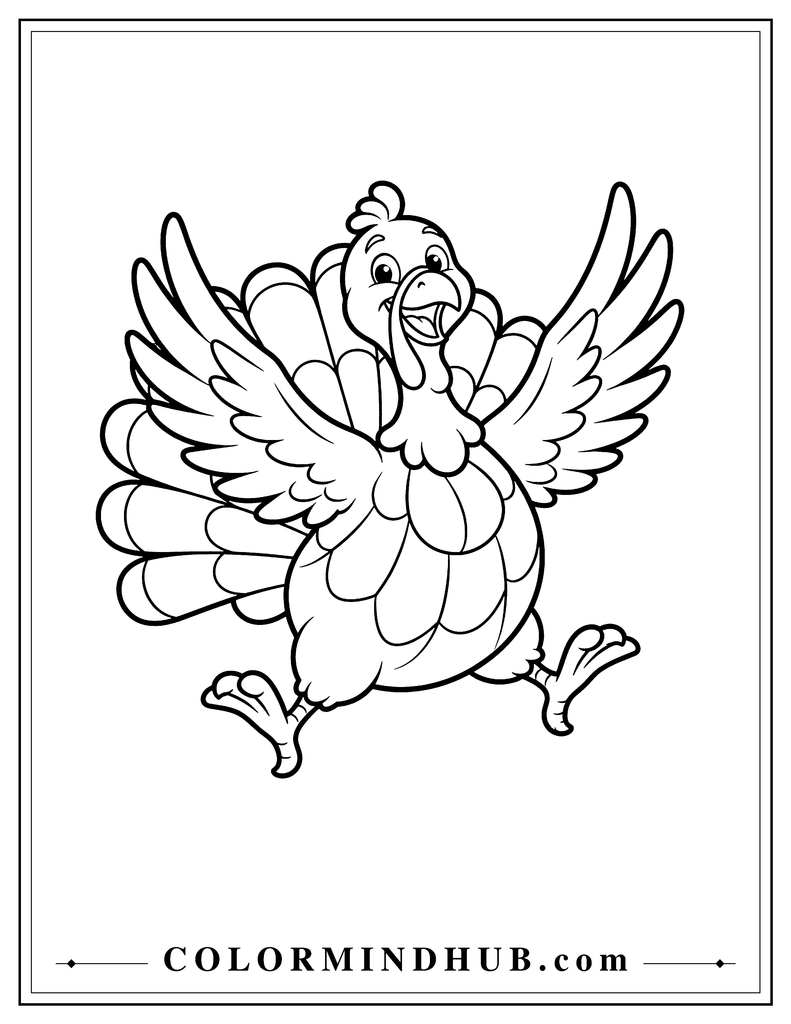 Happy turkey jumping into the air with its wings spread and feet lifted - Thanksgiving coloring page