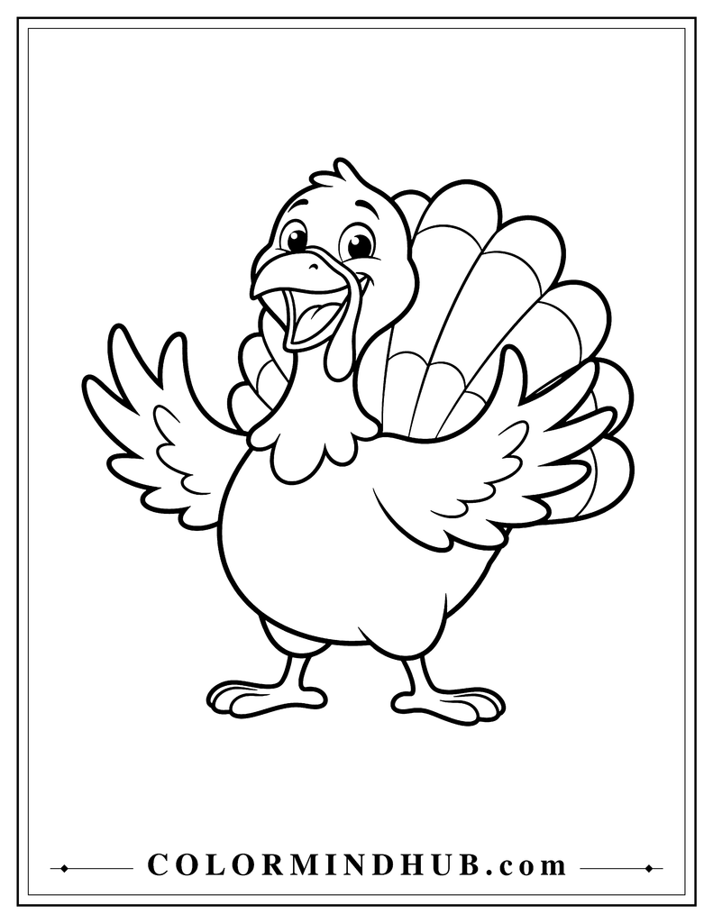 Joyful turkey laughing with raised wings and a cheerful open beak - turkey coloring page for Thanksgiving