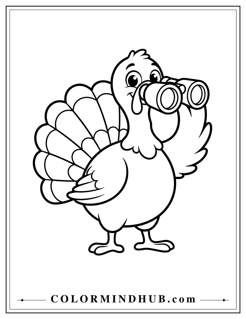 Curious turkey looking through a pair of binoculars with a playful raised-head pose - Thanksgiving coloring page
