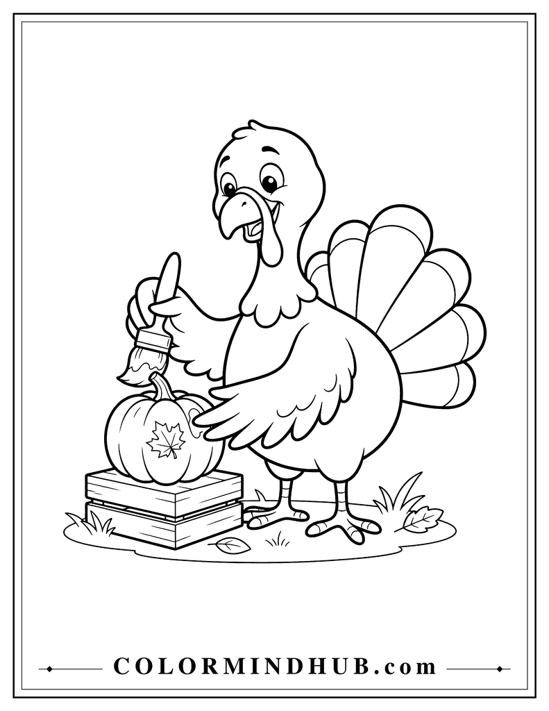 Thanksgiving turkey painting a small pumpkin with a simple paintbrush - turkey coloring page for kids