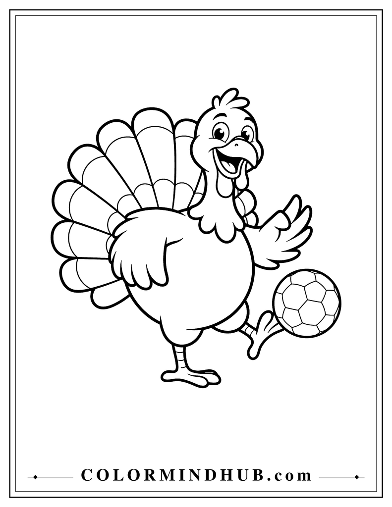Energetic turkey kicking a soccer ball with one leg raised in motion - Thanksgiving turkey coloring page for kids