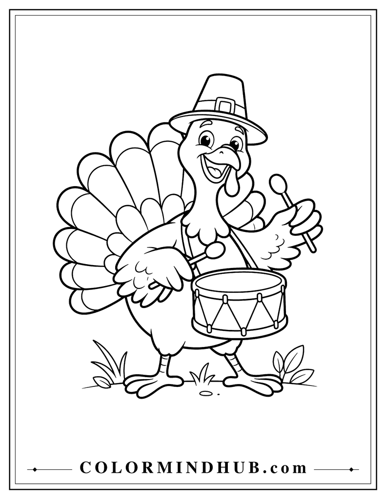 Cheerful turkey playing a small drum with two drumsticks and a lively expression - Thanksgiving turkey coloring page