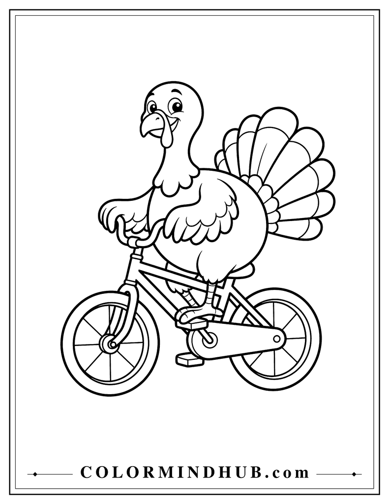 Cheerful Thanksgiving turkey riding a simple bicycle while holding the handlebars - turkey coloring page
