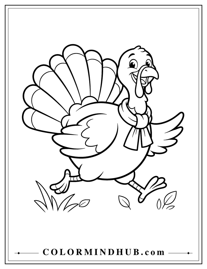 Thanksgiving turkey running happily while wearing a simple short scarf - Thanksgiving coloring page