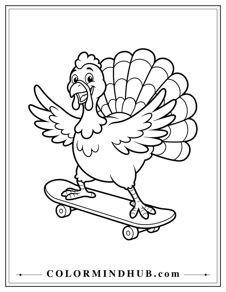 Playful Thanksgiving turkey balancing on a skateboard with its wings extended - turkey coloring page for kids