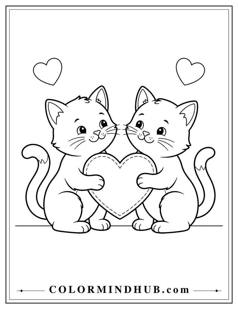 Two kittens sitting face-to-face and holding a heart-shaped cushion between their paws, with two small hearts above them.