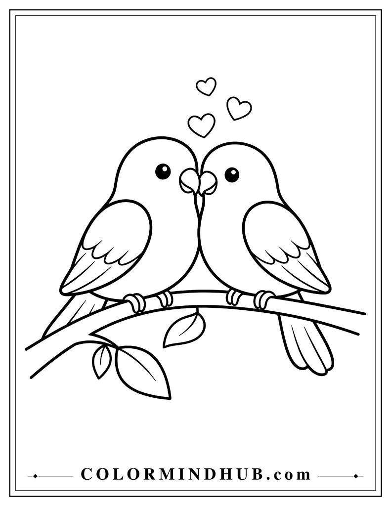 Two lovebirds touching beaks while perched on a curved branch with two leaves and three hearts above them.