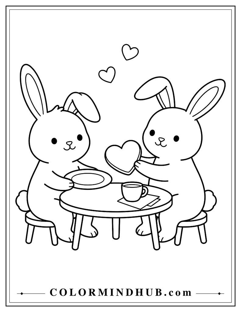 Two rabbits sitting at a table and sharing a heart-shaped cookie, with a plate, cup, napkin, and two hearts above them.
