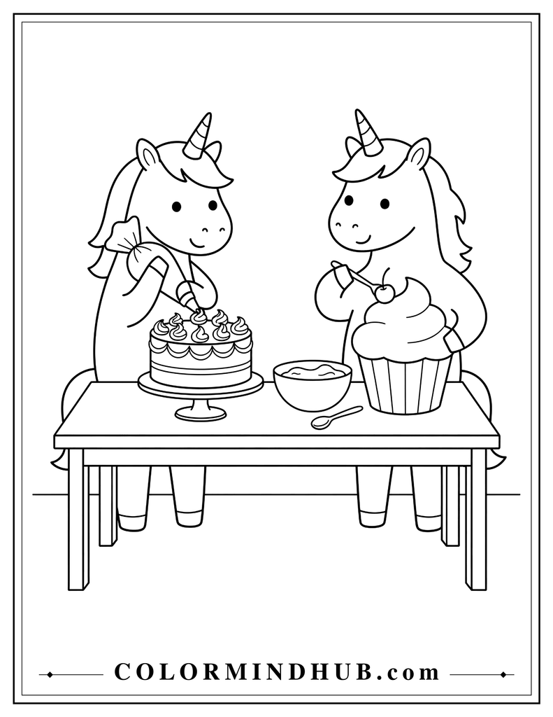 Two cute unicorns decorating cakes together, with one unicorn decorating a round cake and the other decorating a large cupcake, beside a simple table with a bowl and spoon.