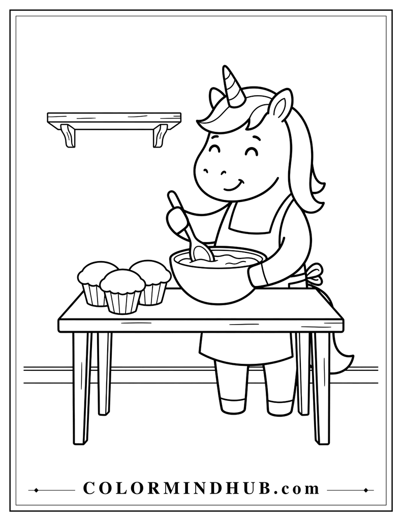 Cute unicorn baking cupcakes at a kitchen table while mixing batter in a bowl, with a spoon and three large cupcakes on the table and a simple shelf in the background.
