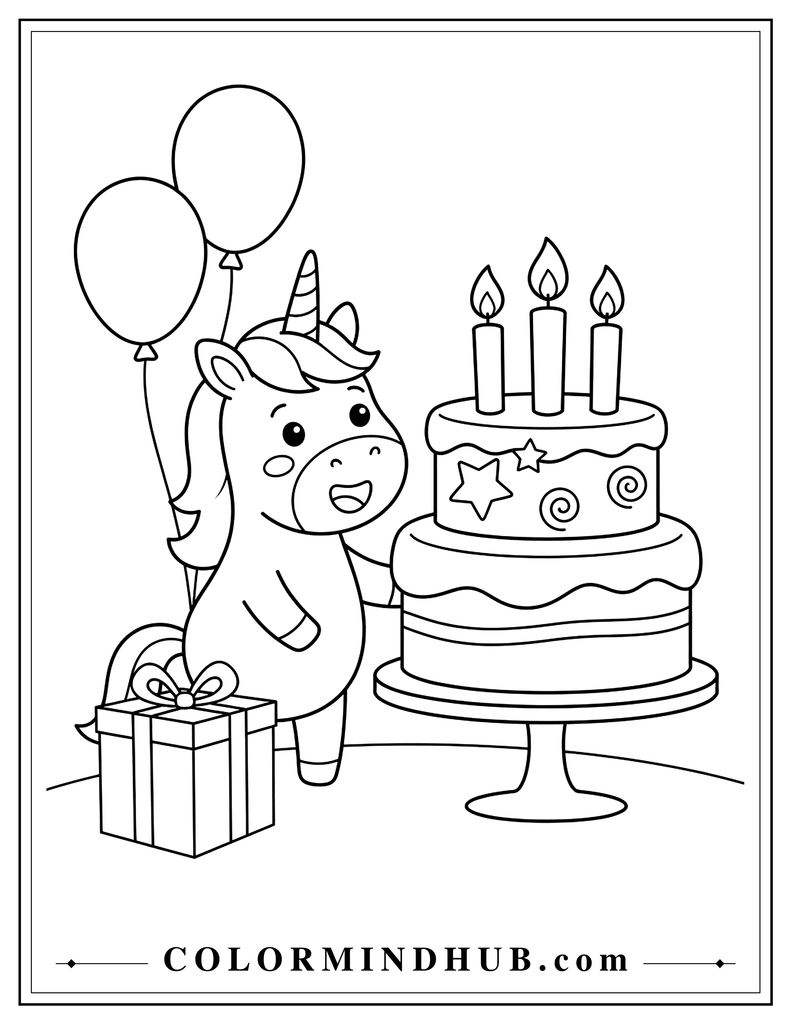 Joyful unicorn looking excitedly at a large birthday cake with simple frosting, three large candles, and large decorations, with two balloons and one gift box nearby.