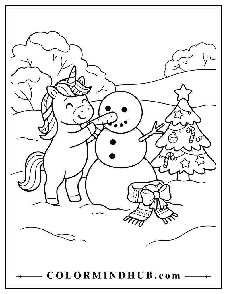 Playful unicorn building a snowman in a snowy Christmas garden while placing a carrot nose on it, with a small Christmas tree and scarf nearby, printable coloring page.