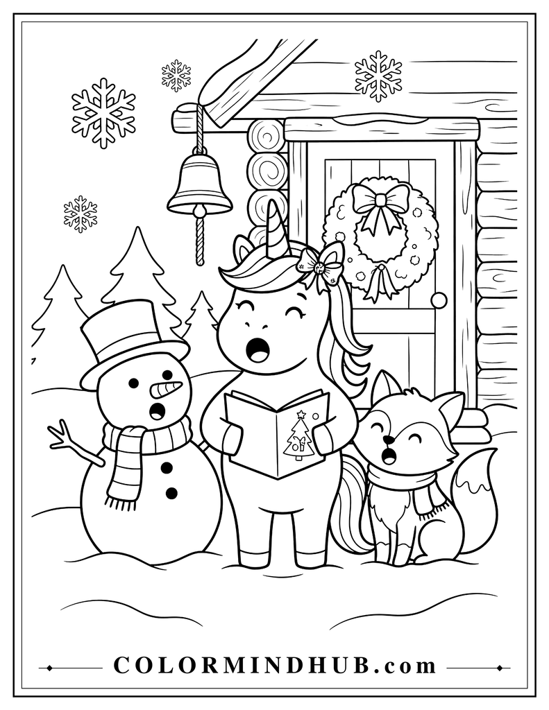 Cheerful unicorn singing Christmas carols with a snowman and woodland friend while holding a songbook, with a large Christmas bell and decorated doorway nearby.