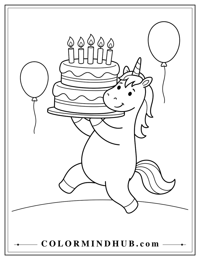 appy unicorn carefully carrying a large round birthday cake on a tray, with two simple frosting layers and candles, while two large balloons are beside the unicorn.
