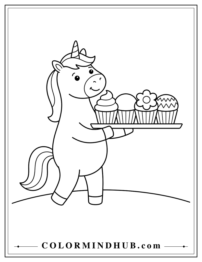 Cheerful unicorn carrying a tray with four large cupcakes, each featuring a different simple frosting shape including a swirl, round top, flower-like frosting, and zigzag frosting.