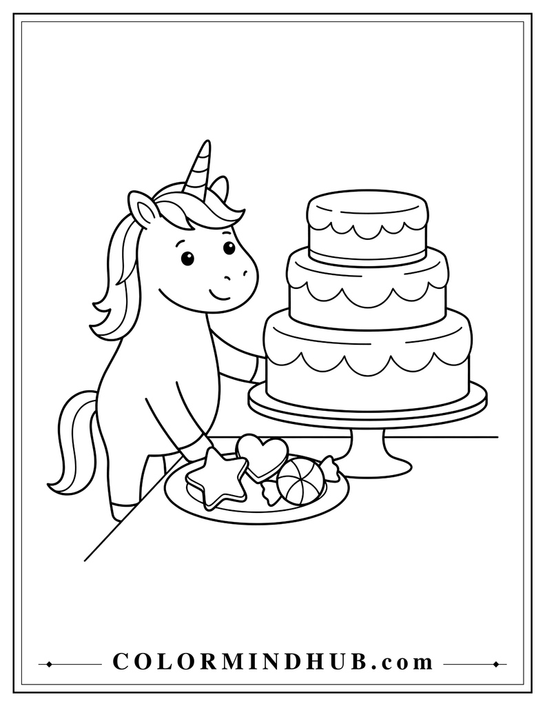 Cute unicorn standing beside a large cake and choosing decorations from a small plate, with star, heart, and round candy-shaped decorations and simple frosting layers on the cake.