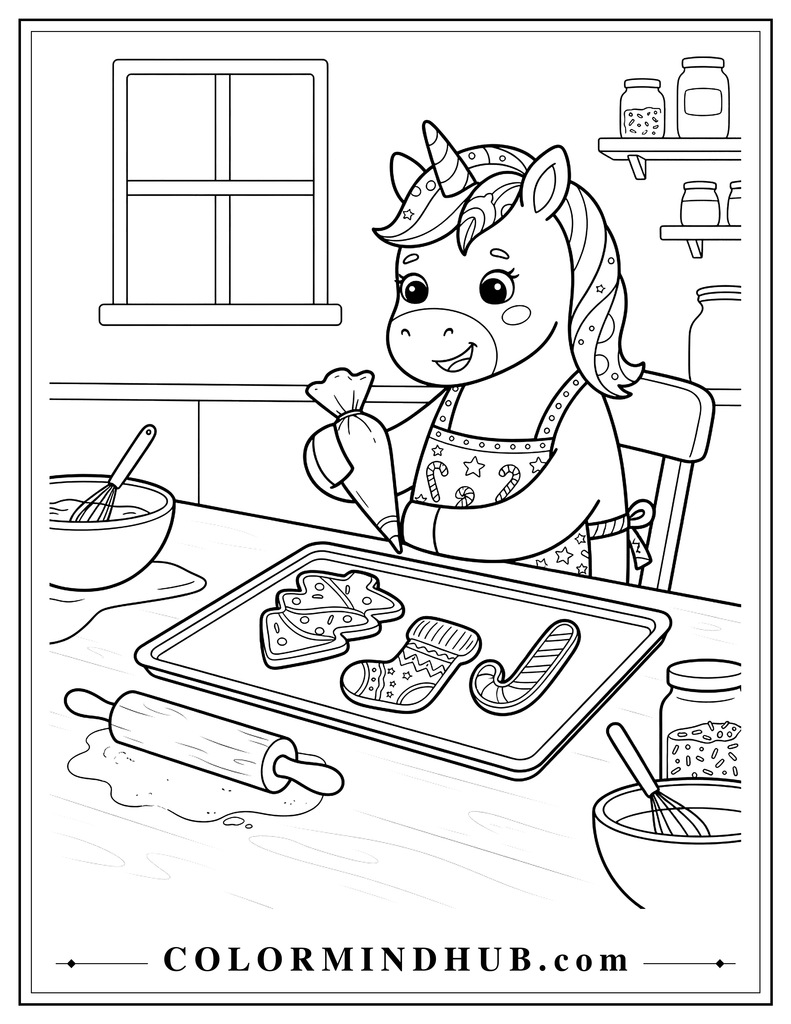 Cute unicorn wearing a Christmas apron and decorating tree, stocking and candy cane shaped cookies on a kitchen table with a rolling pin and mixing bowl, printable coloring page.