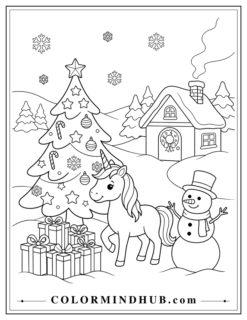 Happy unicorn standing beside a decorated Christmas tree and wrapped presents on a snowy Christmas morning, with a friendly snowman and cozy cottage with a wreath nearby.