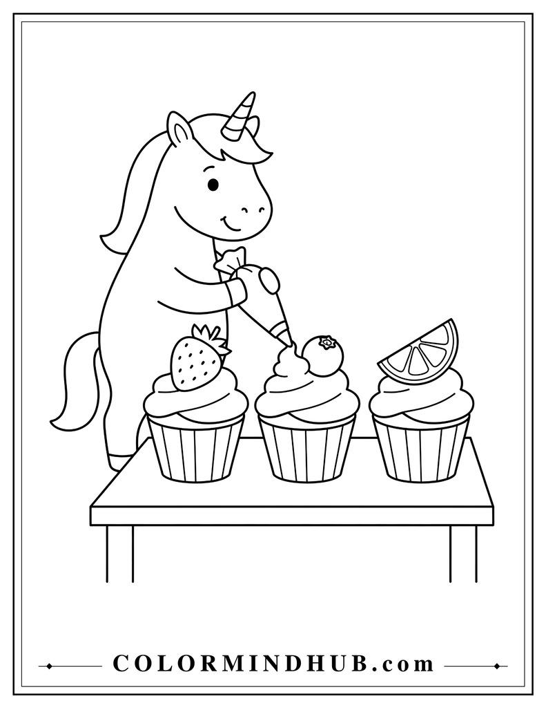 Happy unicorn decorating three large cupcakes with fruit toppings including a strawberry, blueberry, and orange slice on a simple table.
