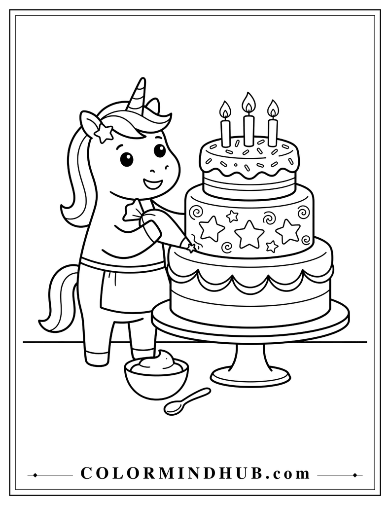 Cute unicorn decorating a large round birthday cake on a cake stand with smooth frosting layers, large star decorations, and three candles, with a small bowl and spoon beside it