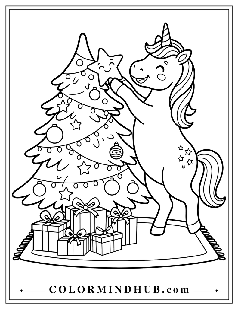 Cute unicorn decorating a Christmas tree with a large star ornament, round Christmas ornaments and wrapped presents underneath, printable Christmas coloring page