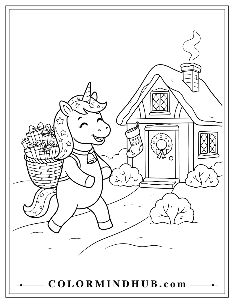 Cheerful unicorn carrying a basket of wrapped Christmas presents toward a cozy house with a Christmas wreath and stocking, snowy holiday scene for a printable coloring page.