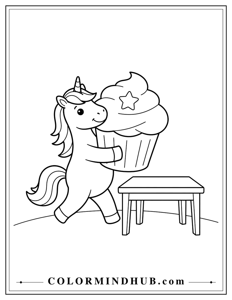 Cute unicorn walking while carrying a giant cupcake with both front legs, featuring a large frosting swirl and simple star decoration, with a small table in front.