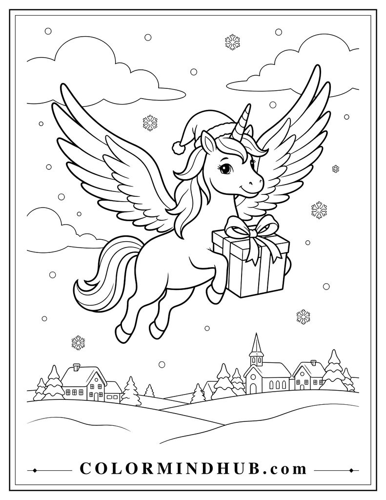 Magical unicorn flying through a snowy Christmas sky with large wings and a Santa hat while carrying a wrapped gift, with clouds, snowflakes and a Christmas village below.