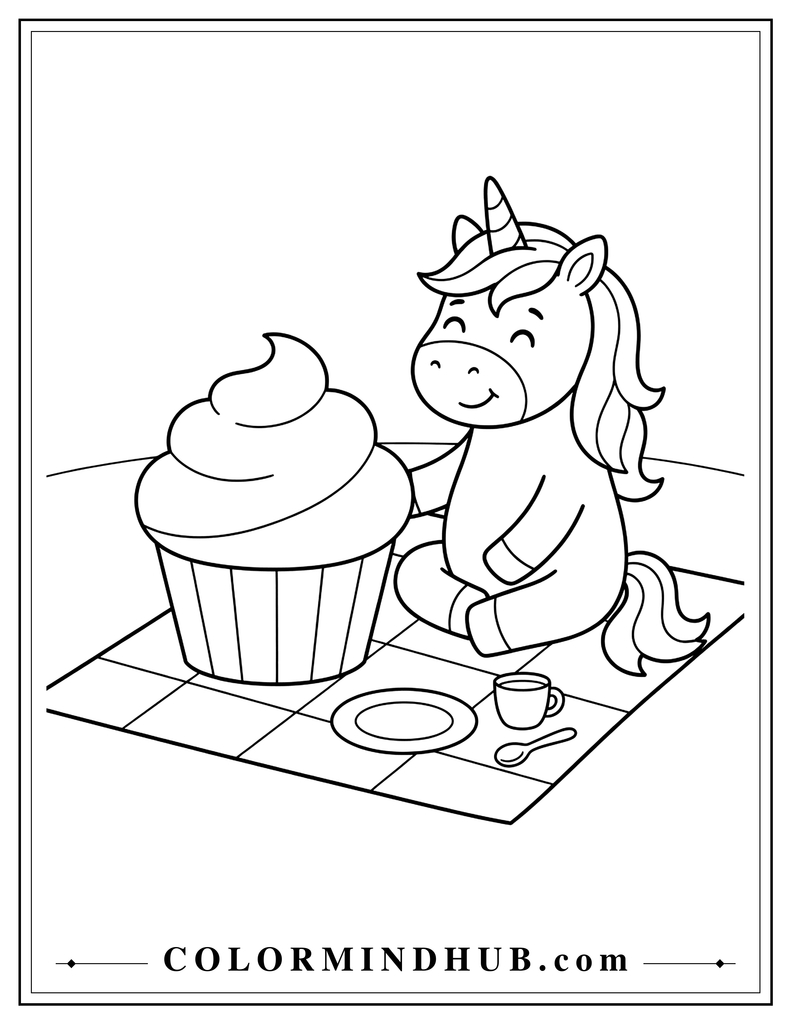 Cute unicorn sitting on a picnic blanket beside a giant cupcake with a large frosting swirl, with a small plate, cup, and spoon nearby.