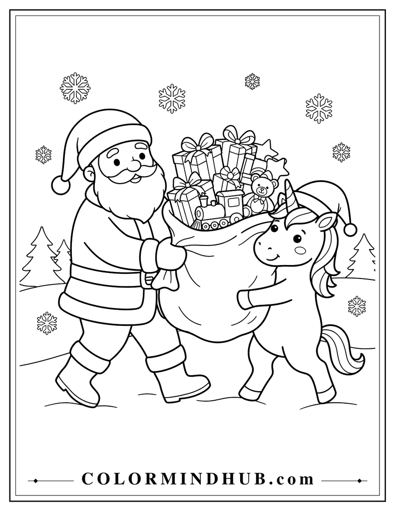 Cute unicorn wearing a Santa hat and helping Santa carry a large sack of wrapped Christmas presents, cheerful holiday coloring page