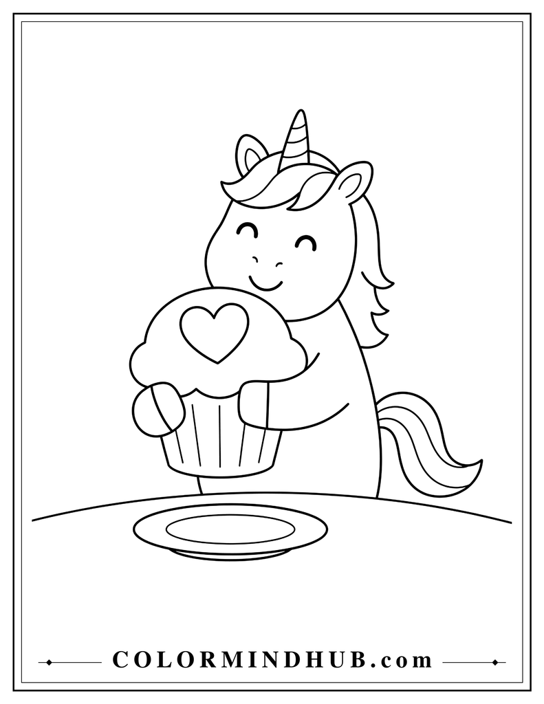 Cute unicorn happily holding a large cupcake with both front legs, featuring a rounded frosting top and large heart-shaped decoration, with a small plate underneath.