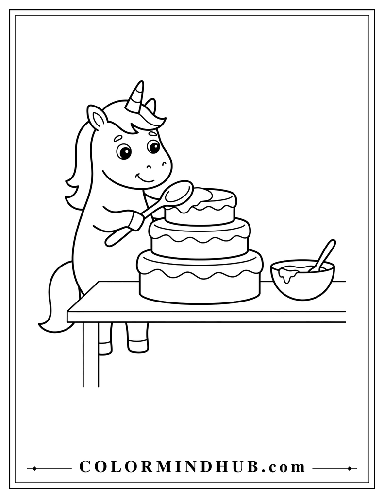 Cute unicorn preparing a large three-layer cake on a table while spreading frosting with a large spoon, with a mixing bowl beside the cake.