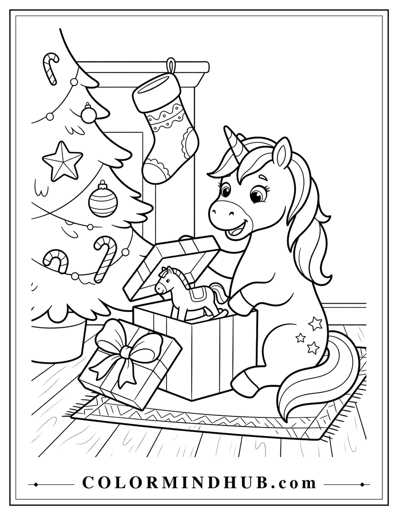 Cute unicorn opening a large wrapped Christmas present beside a decorated Christmas tree, with a stocking and oversized ornaments nearby, Christmas coloring page