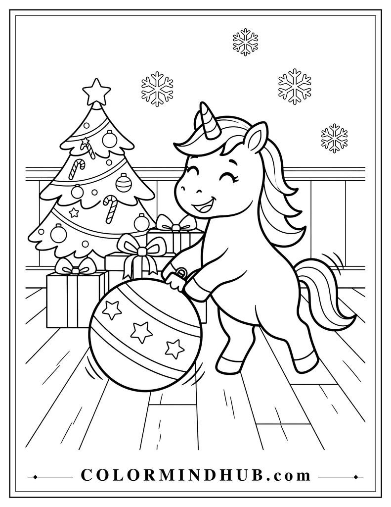 Playful unicorn rolling a large round Christmas ornament like a ball beside a decorated Christmas tree and wrapped gift boxes, fun printable coloring page