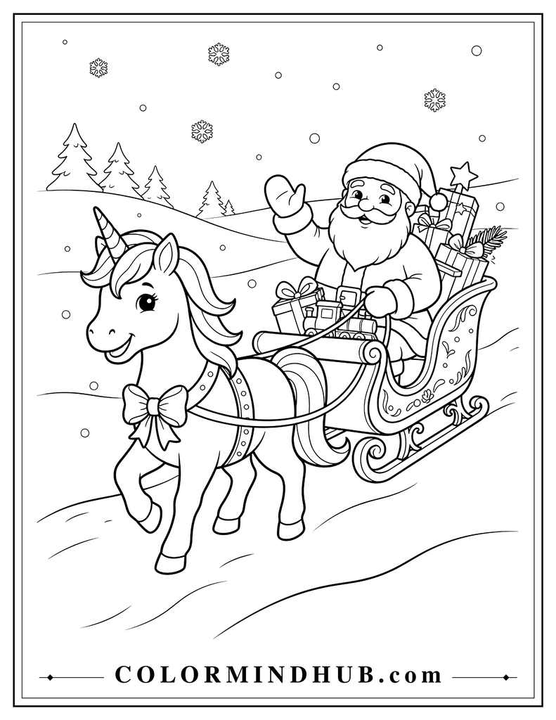 Happy unicorn pulling a Christmas sleigh filled with wrapped presents while Santa waves from the sleigh, with snowy scenery and pine trees, printable unicorn coloring page