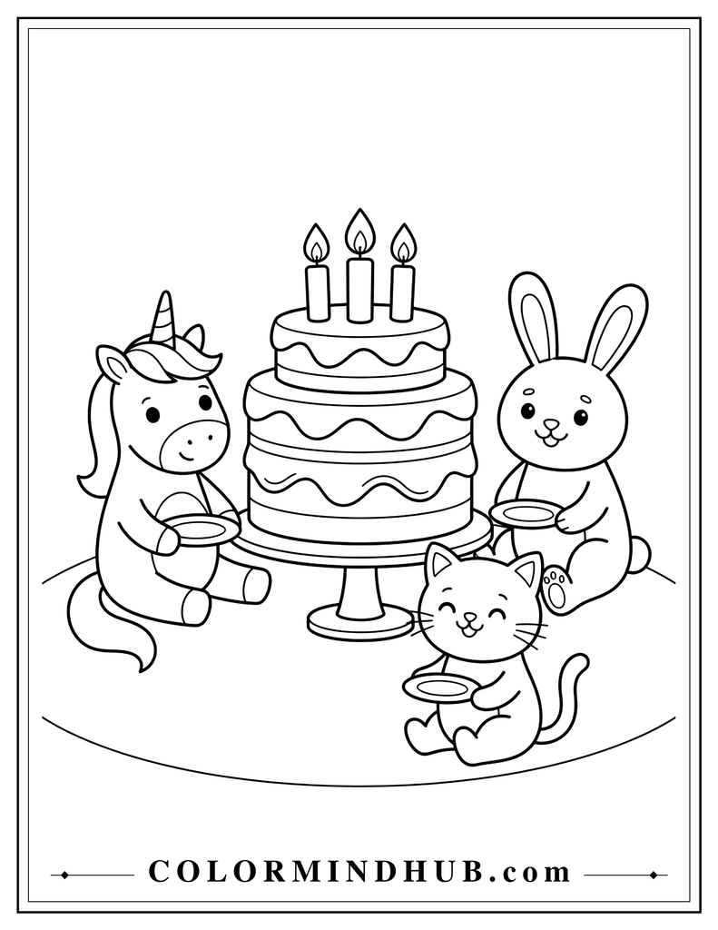 Cute unicorn sitting with a friendly bunny and kitten around a large celebration cake with simple frosting and three candles, with each animal holding a small plate.