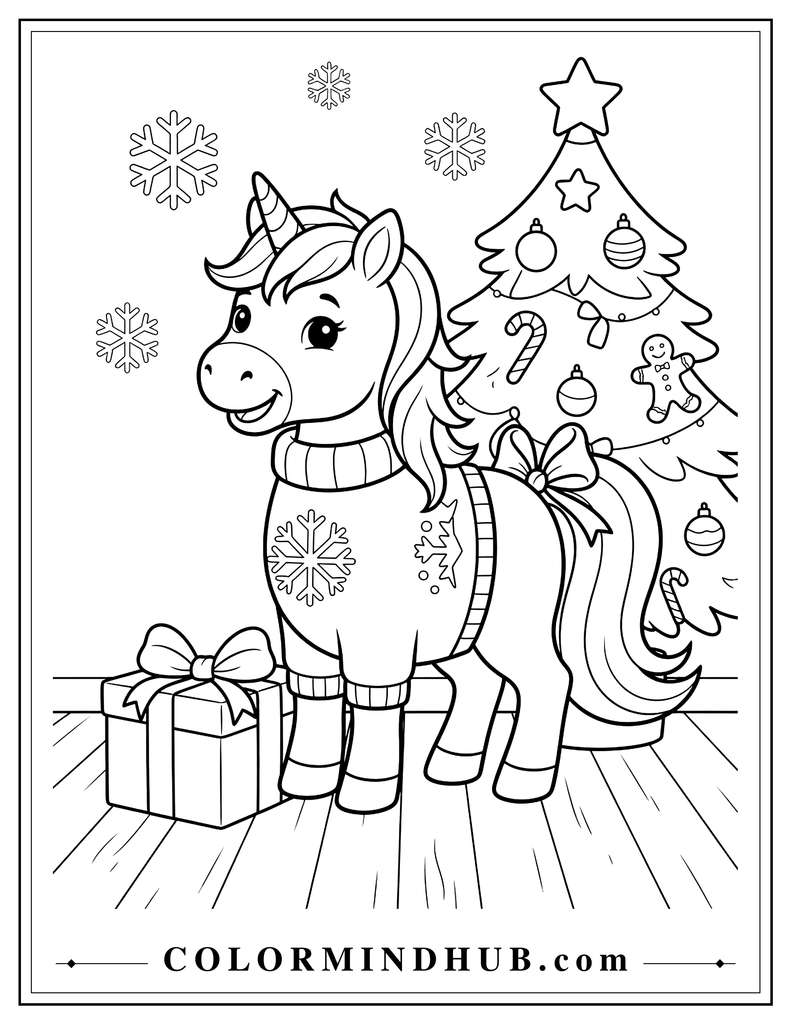 Cute unicorn wearing a Christmas sweater with a large snowflake pattern beside a decorated Christmas tree, wrapped gift and festive bow, printable holiday coloring page.