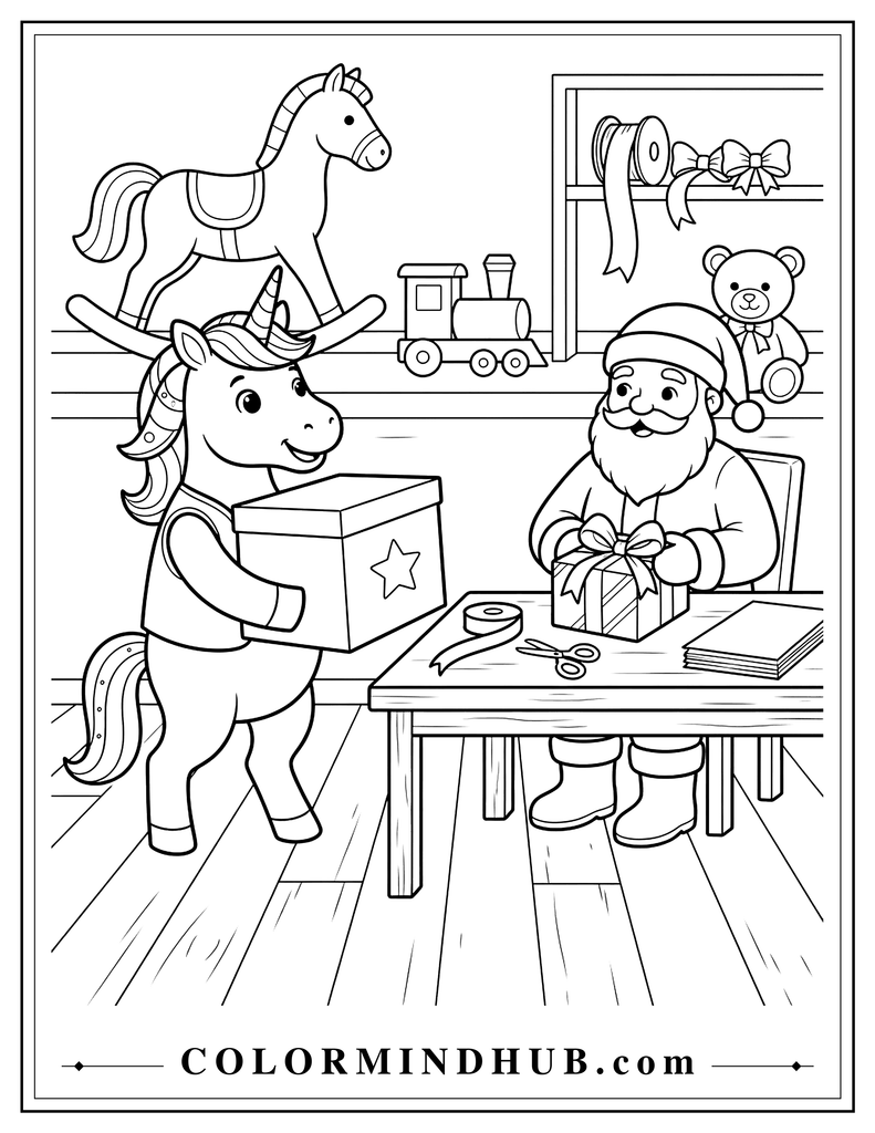 Friendly unicorn helping Santa in a Christmas workshop by carrying a large toy box while Santa wraps a present at a table, with toys and ribbons nearby.