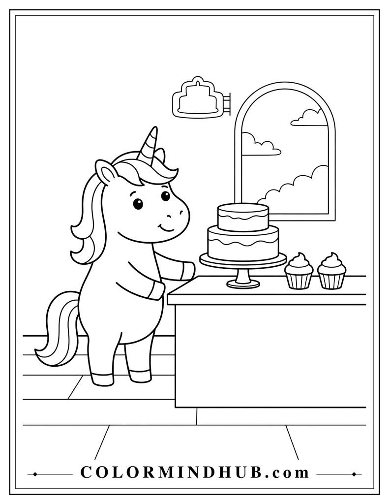 Cute unicorn standing inside a small cake shop beside a counter displaying one large cake and two cupcakes, with a simple rounded shop window and small cake sign shape in the background.