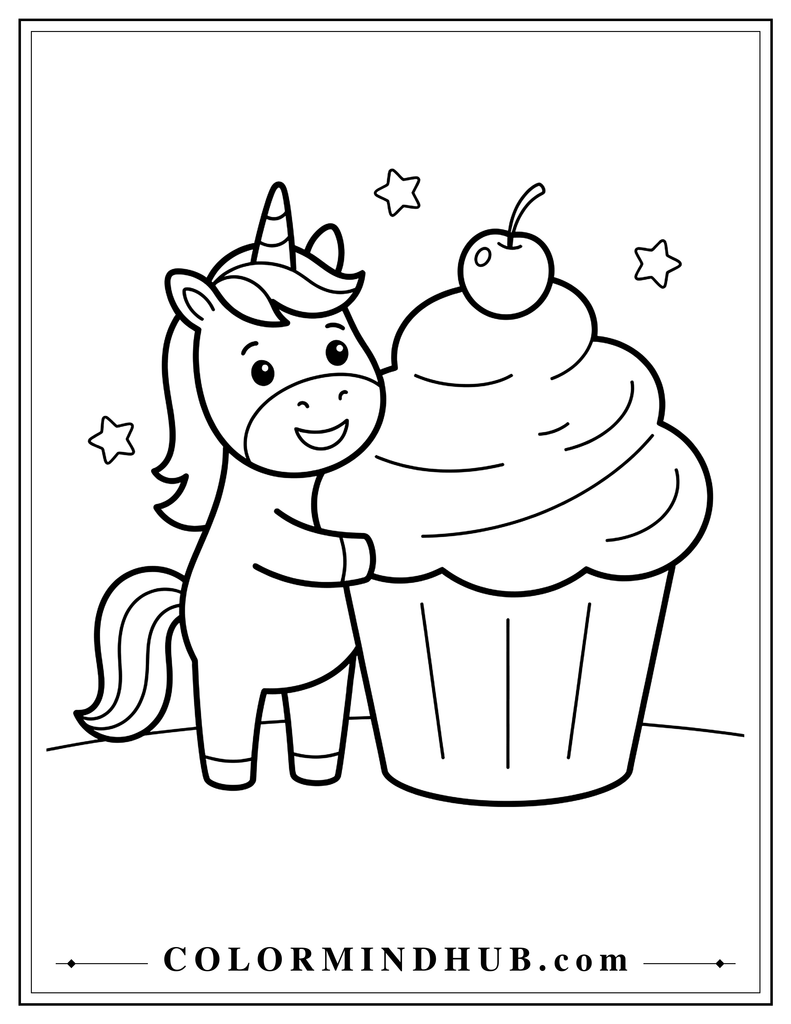 Cheerful unicorn standing beside a large oversized cupcake with a simple wrapper, large frosting swirl, and cherry on top, with two small decorative stars nearby.