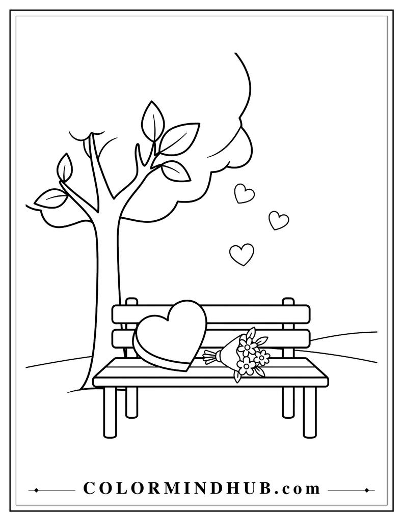 Wooden park bench beneath a simple tree, with a heart-shaped gift box and a small bouquet on the bench, plus three hearts above.