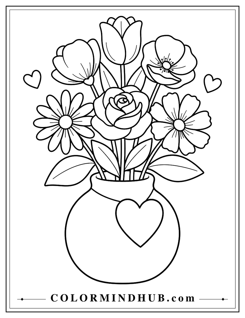 Bouquet of five large flowers and leaves in a rounded vase with a heart-shaped tag, with two small hearts beside it.