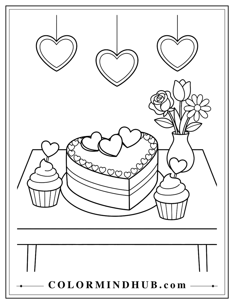Celebration table with a heart-shaped cake, two cupcakes, and a vase of flowers, with three heart decorations hanging above.
