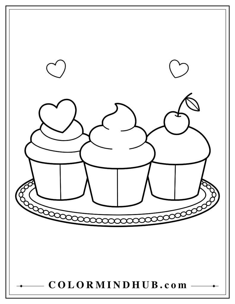 Three Valentine cupcakes on a serving tray, decorated with a heart, frosting swirl, and cherry, with two hearts above.